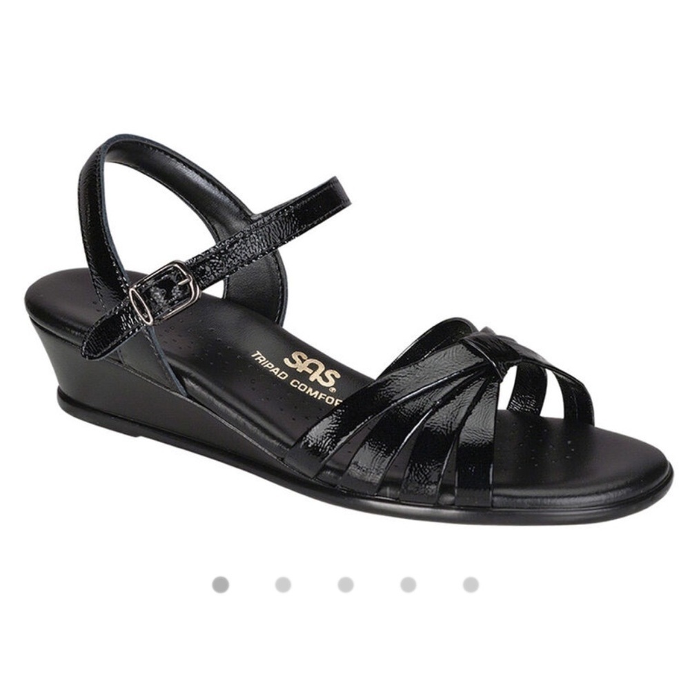 SAS Strippy Quarter Strap Wedge Sandal Women's Stylish Black Patent Size‎ 11